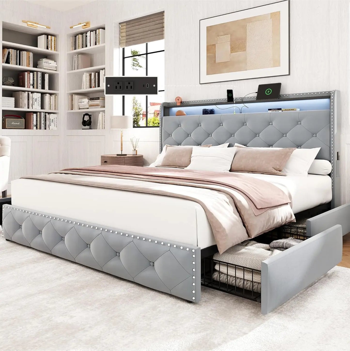 Base de Cama Queen Size con 4 Cajones de Almacenamiento y Estación de Carga, Base de Cama Tapizada en Terciopelo con LED, Personalizable