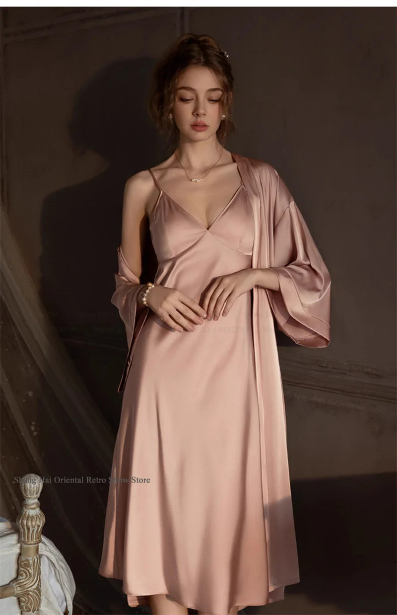 Elegante Conjunto de Bata Larga para Mujer, Lencería Sexy, Ropa de Dormir, Kimono Holgado, Bata de Baño, Vestido de Casa de Satén Sedoso, Ropa de Estar