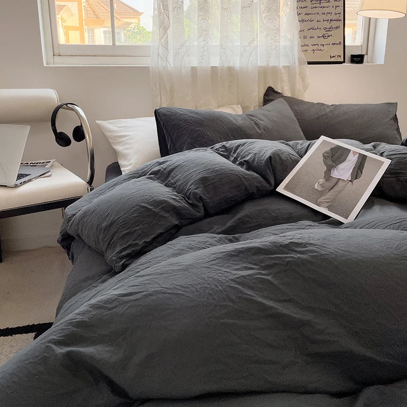 Juegos de fundas de edredón gris oscuro a la moda, fundas de edredón cepilladas, juegos de cama individual doble Queen, funda de almohada para niños, funda de edredón sólida