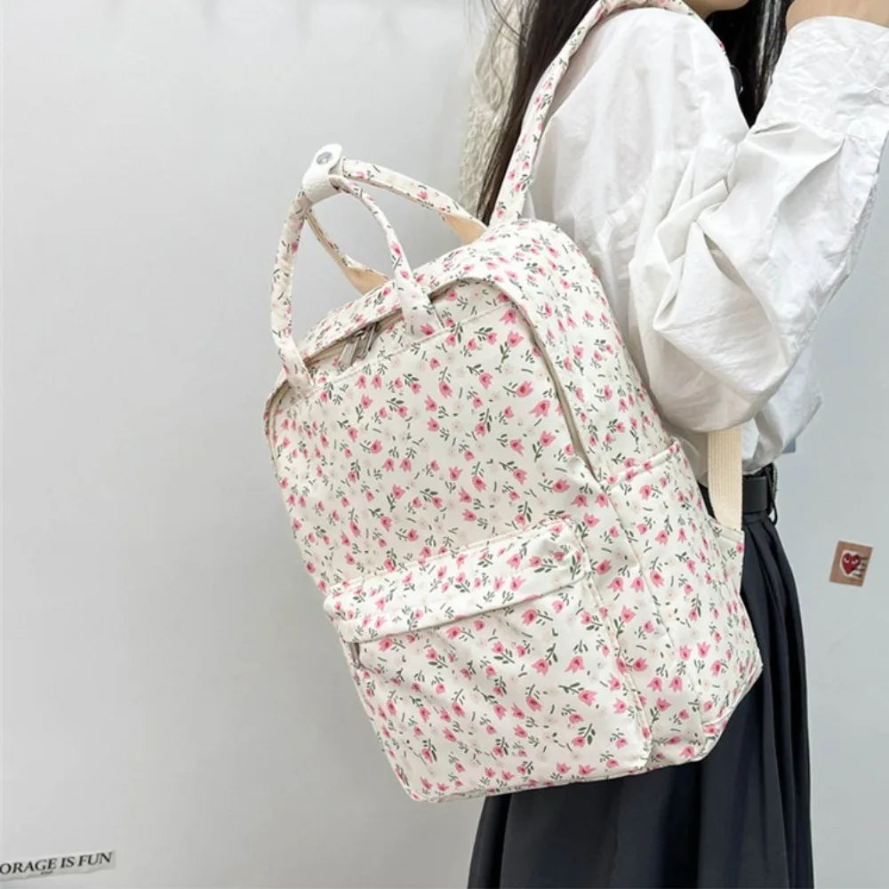 Mochila de moda de gran capacidad para mujer, mochila con estampado de flores y asa para estudiantes, mochila escolar de nailon de estilo japonés para estudiantes