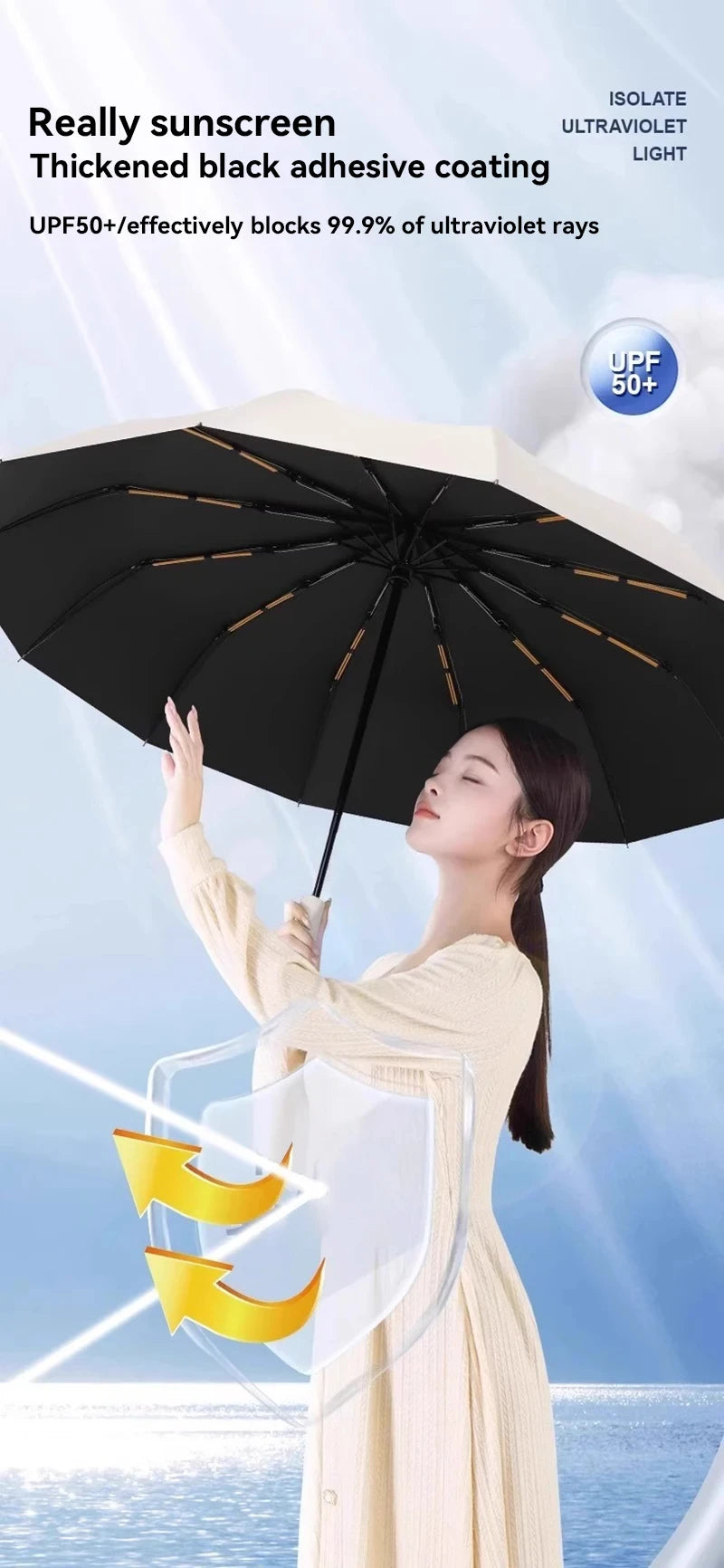 Paraguas automático, paraguas para el sol, apertura automática, plegable, grueso y duradero, con cubierta de vinilo resistente a los rayos UV, para sol y lluvia