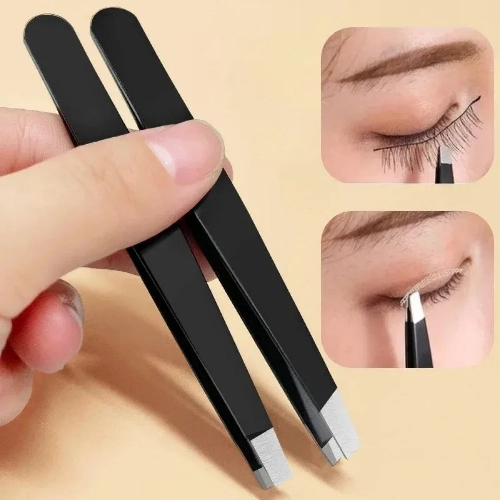 Pinzas de Acero Inoxidable para Cejas con Cuchilla de Recorte, Punta Inclinada y Plana, Depilador de Cejas, Pestañas, Barba, Párpado Doble, Maquillaje, Regalo
