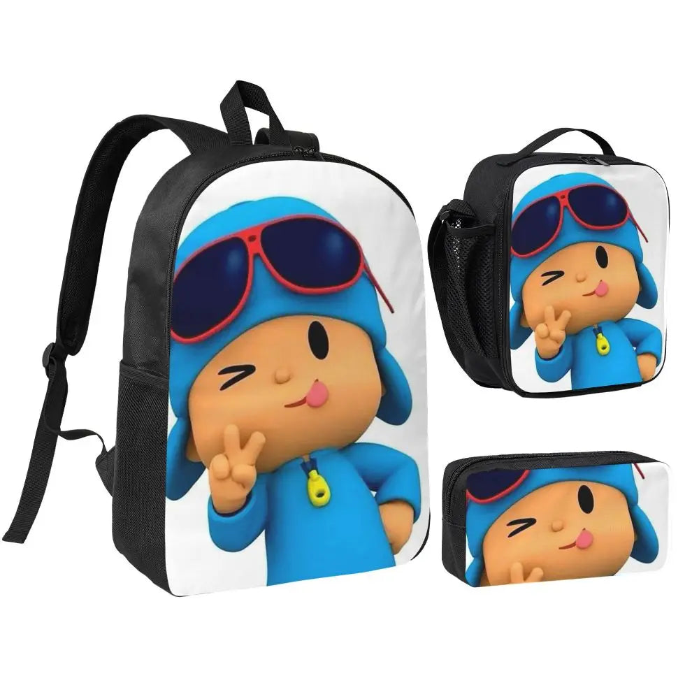 Mochila azul de dibujos animados de Pocoyo para niños, mochila escolar, bolsos de hombro para ordenador, bolsa de almuerzo aislada de 3 piezas, estuche para lápices