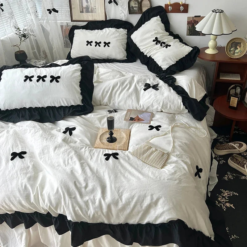 Juego de cama de algodón con lazo negro, funda nórdica suave y agradable para la piel estilo princesa para niña, sábana o funda de almohada para falda de cama