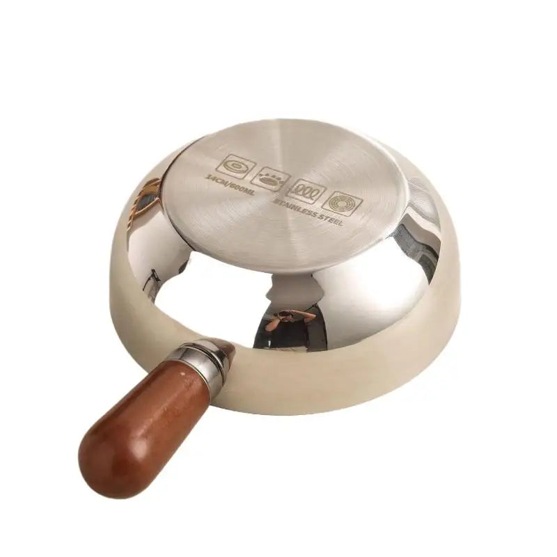 【A】Sartenes de cocina de acero inoxidable de 17 cm/14 cm con mango de madera y tapa de vidrio - Ollas pequeñas multiusos para fideos y huevos