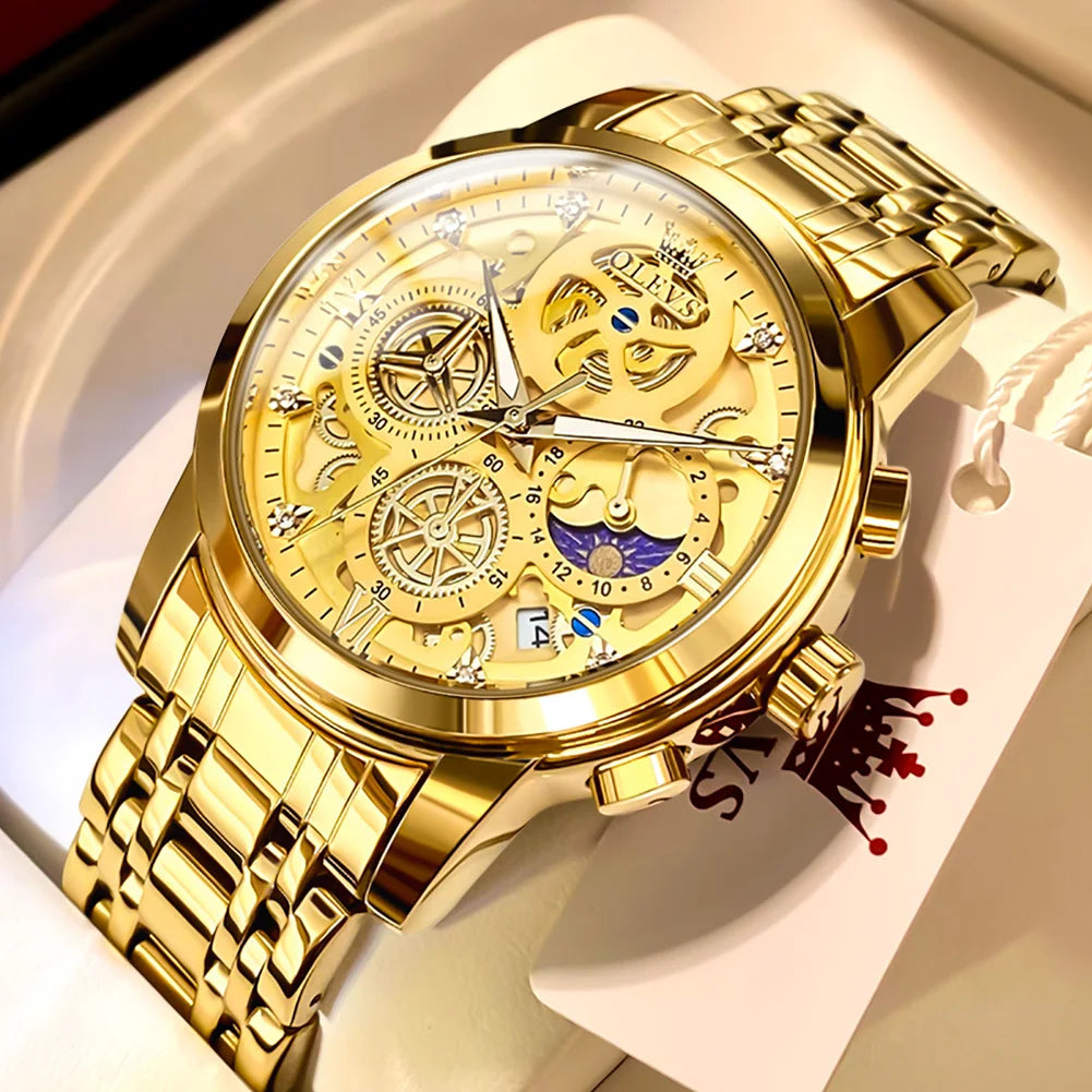 Relojes OLEVS para hombre, marca superior, reloj de cuarzo Original resistente al agua de lujo para hombre, estilo esqueleto dorado, 24 horas de día y noche, nuevo