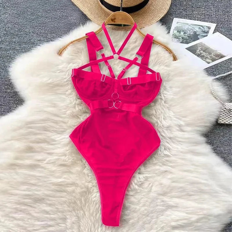 Ropa de dormir para fiesta de San Valentín, Catsuits combinados, peleles de tiras de malla eróticos íntimos ajustados, monos de mujer, lencería, conjuntos sexys