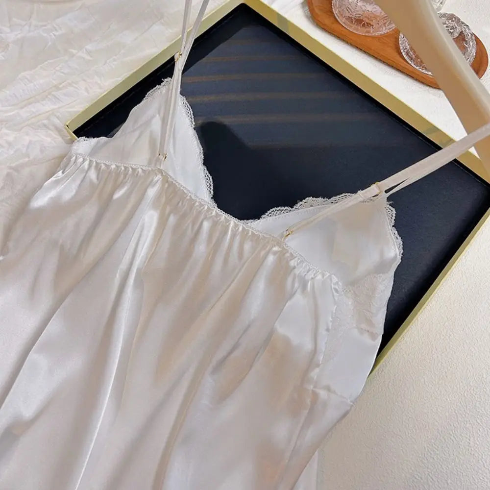 Vestido de pijama con lazo de encaje para mujer, camisón con tirantes de seda helada sin mangas dividido, ropa de dormir, camisón fino con tirantes, chica picante