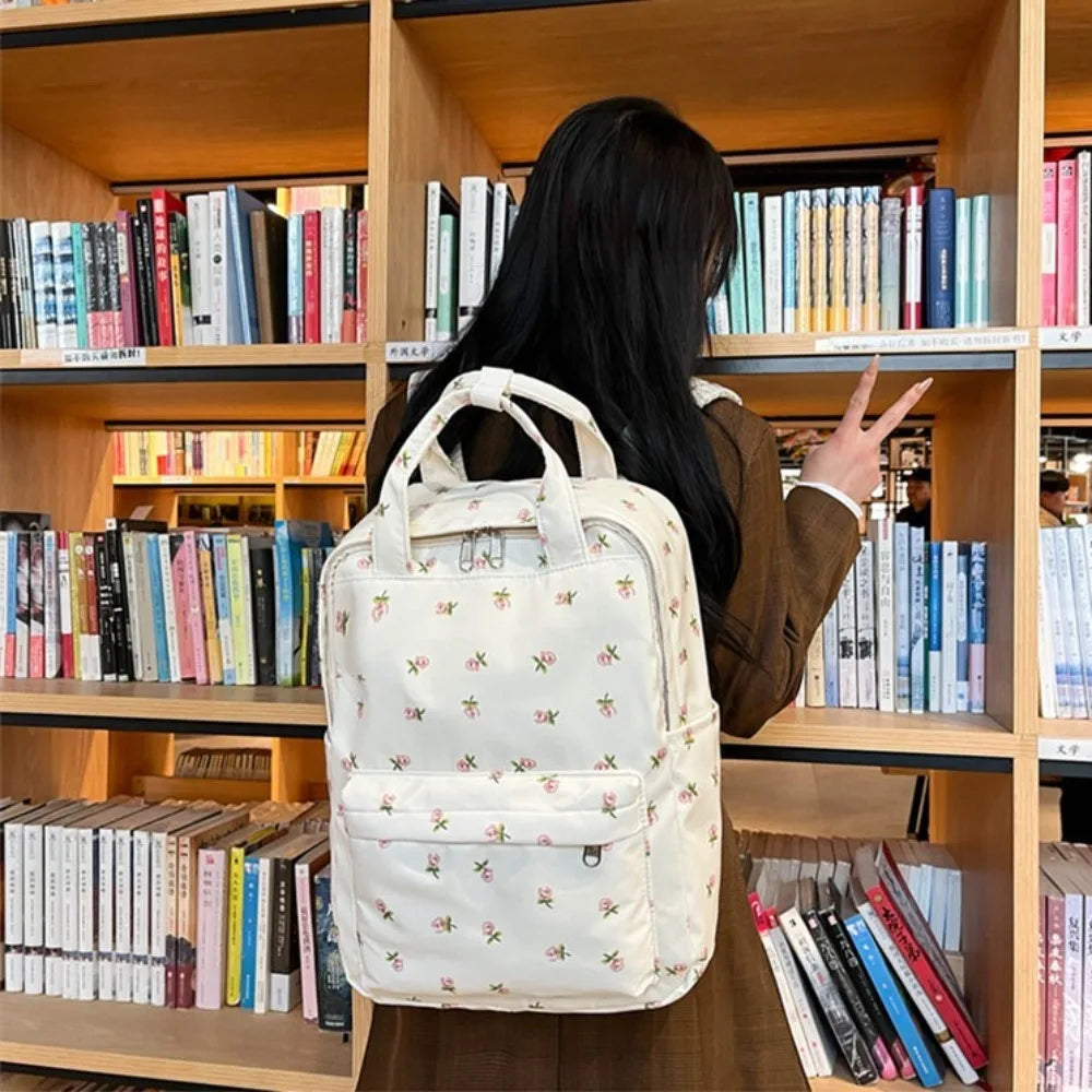 Mochila de moda de gran capacidad para mujer, mochila con estampado de flores y asa para estudiantes, mochila escolar de nailon de estilo japonés para estudiantes