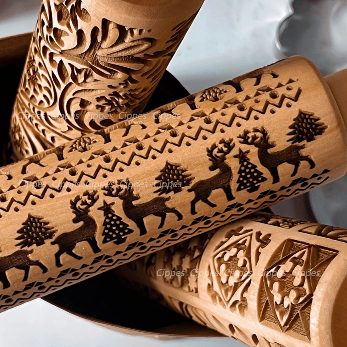 Rodillo navideño con patrones de flores de reno, molde para galletas 3D en relieve de madera grabado con láser, herramientas para hornear DIY, rodillo de masa