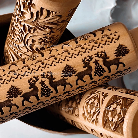 Rodillo navideño con patrones de flores de reno, molde para galletas 3D en relieve de madera grabado con láser, herramientas para hornear DIY, rodillo de masa