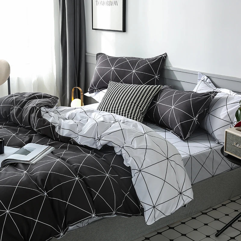 Funda de edredón Reversible, juego de cama de 3 piezas, funda de edredón geométrica en blanco y negro con 2 fundas de almohada, Queen y King