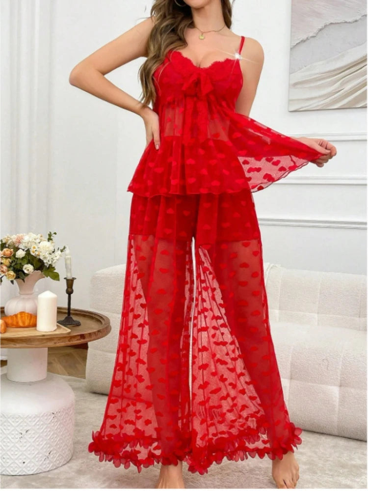 Conjunto de pijama Sexy para mujer, sujetador de tiras transparente con corazón de encaje de 2 piezas y pantalones largos, conjunto de lencería de encaje de pétalos, ropa de dormir Sexy