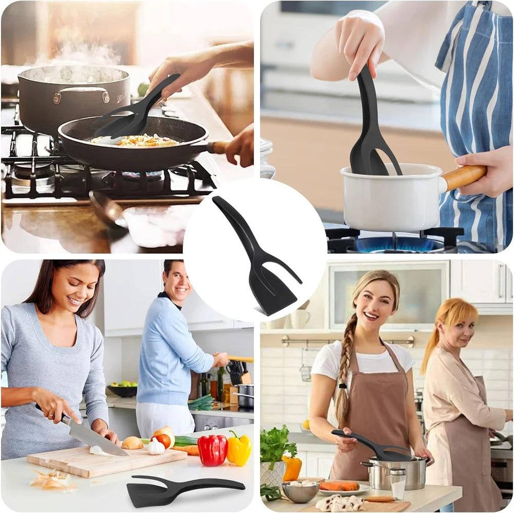 Nueva Espátula 2 en 1 con Pinzas, Espátula para Voltear Huevos, Espátula de Nailon con Revestimiento Antiadherente, Herramienta para Hacer Panqueques, Pescado, Tostadas Francesas y Omelettes
