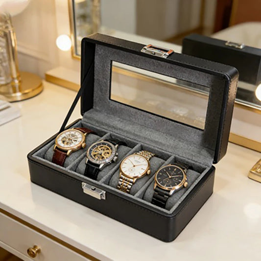 1 caja para relojes de 4 compartimentos, a prueba de polvo con ventana transparente, caja de exhibición y almacenamiento de relojes para hombres y mujeres