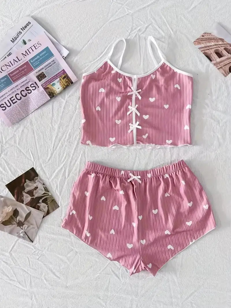 Ropa de dormir Sexy para mujer, conjunto de pijamas con estampado de corazón de seda, cuello en V, sin mangas, camisola informal, conjuntos de Top y pantalones cortos, traje para casa, ropa de descanso
