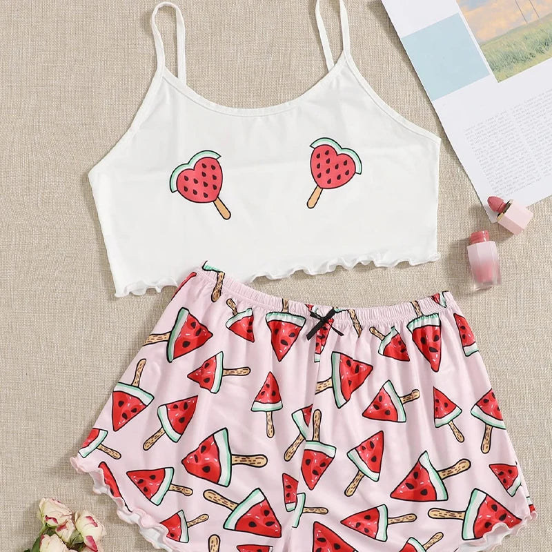 Conjunto de ropa de dormir de casa para mujer, ropa de dormir cómoda de dos piezas con tirantes de sandía, estampado rosa de seda de leche, novedad de verano
