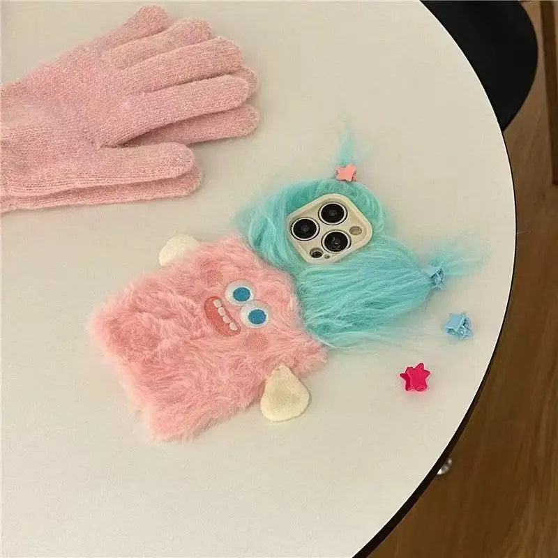 Fundas de teléfono de dibujos animados 3D divertidas de felpa para iPhone 17 Pro Max, funda 17air 16 Plus 15 14 13 12 11, funda protectora suave peluda DIY