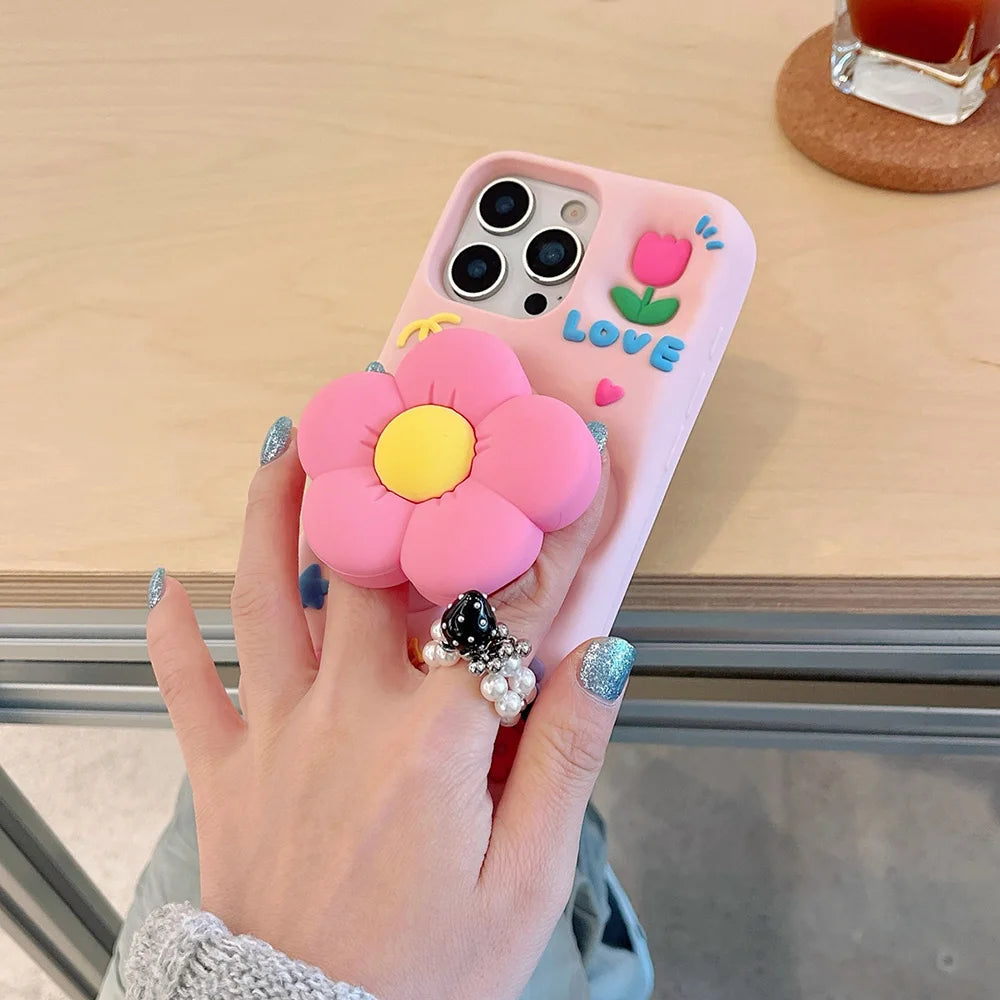 Lindo soporte floral 3D funda de silicona suave soporte de flores cubierta para iPhone 16 15 14 13 12 11 Pro Max 7 8 Plus X XS Max XR