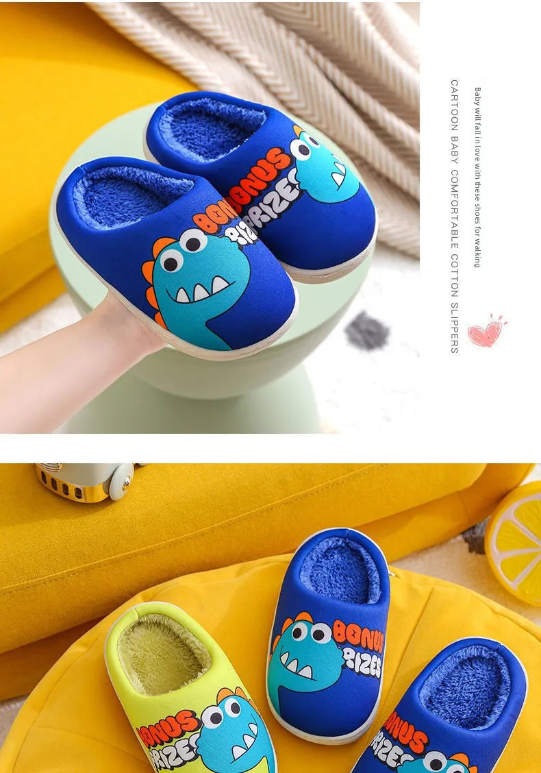 Zapatillas con patrón de dinosaurio de dibujos animados para niños y niñas, bonitos zapatos de felpa, zapatos cálidos adecuados para interiores de otoño e invierno