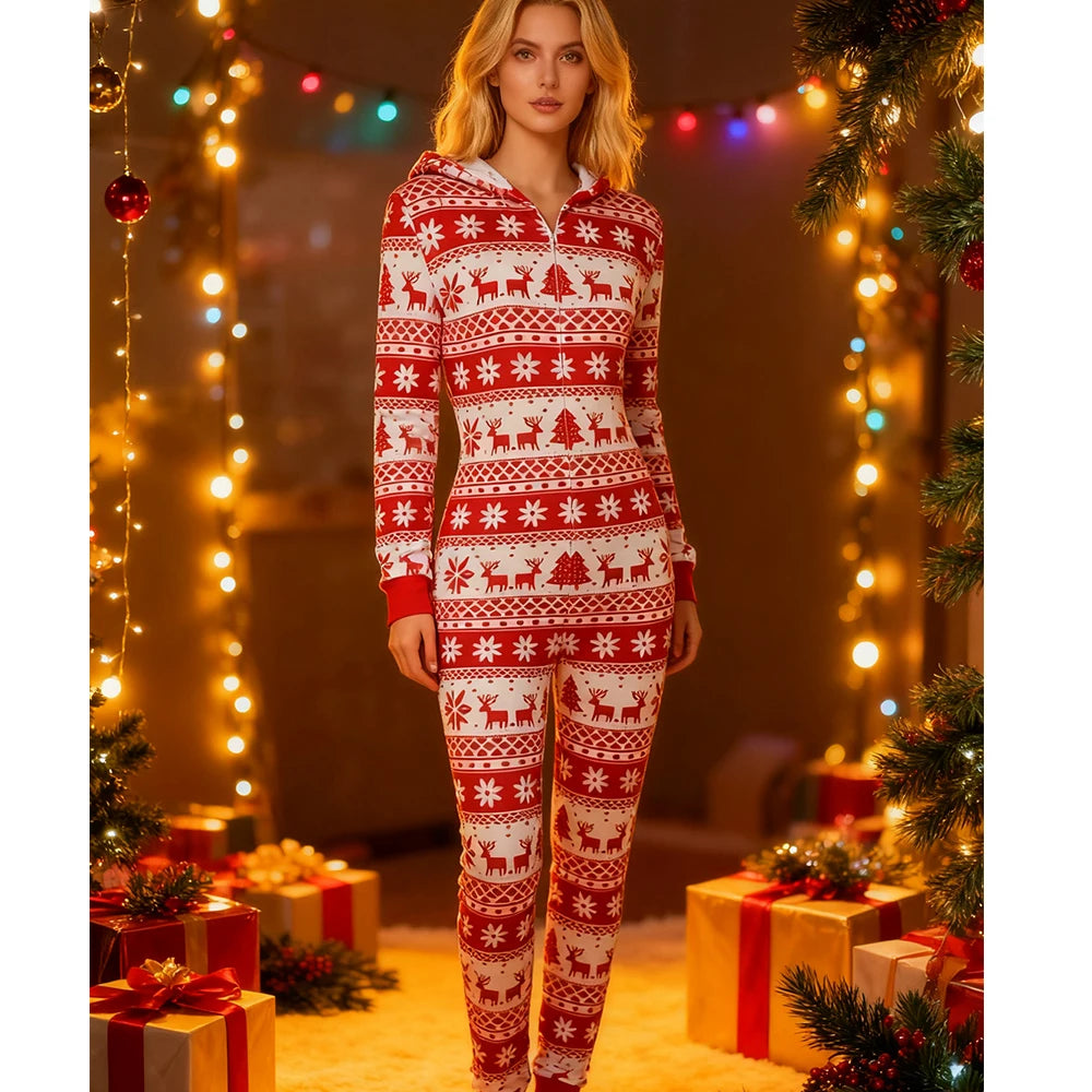 Peleles navideños a la moda para mujer, pijamas con estampado de copos de nieve, monos con capucha y cremallera de manga larga, ropa de dormir