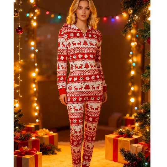 Peleles navideños a la moda para mujer, pijamas con estampado de copos de nieve, monos con capucha y cremallera de manga larga, ropa de dormir