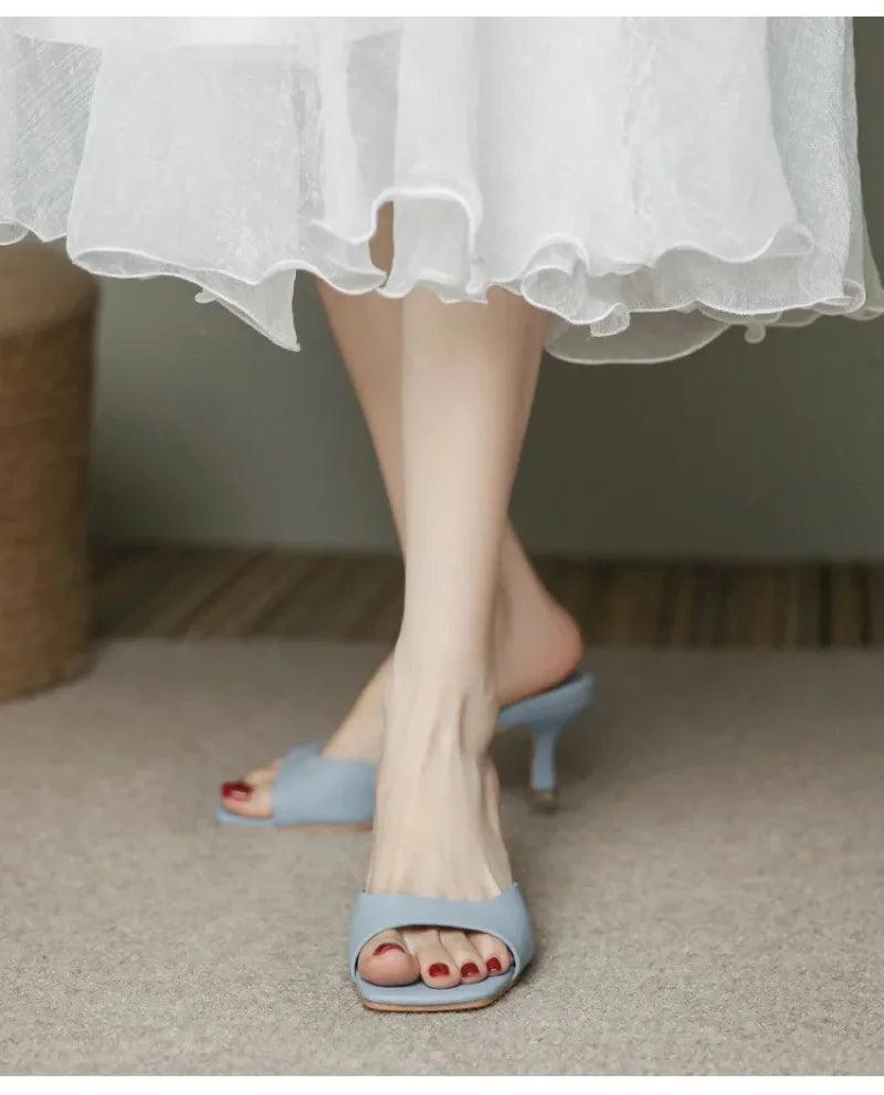 Pantuflas de Tacón Alto para Mujer, Pantuflas de Cuero Vacuno de Lujo, Pantuflas de Moda con Punta Cuadrada, Pantuflas de Tacón Alto con Punta Abierta para Verano