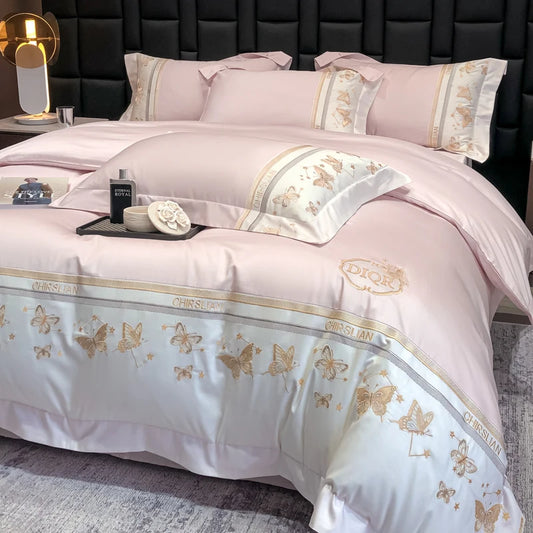 Juego de cama 100% de algodón, edredón bordado de mariposa dorada de lujo/funda nórdica, juegos de sábanas ajustadas, fundas de almohada, textiles para el hogar