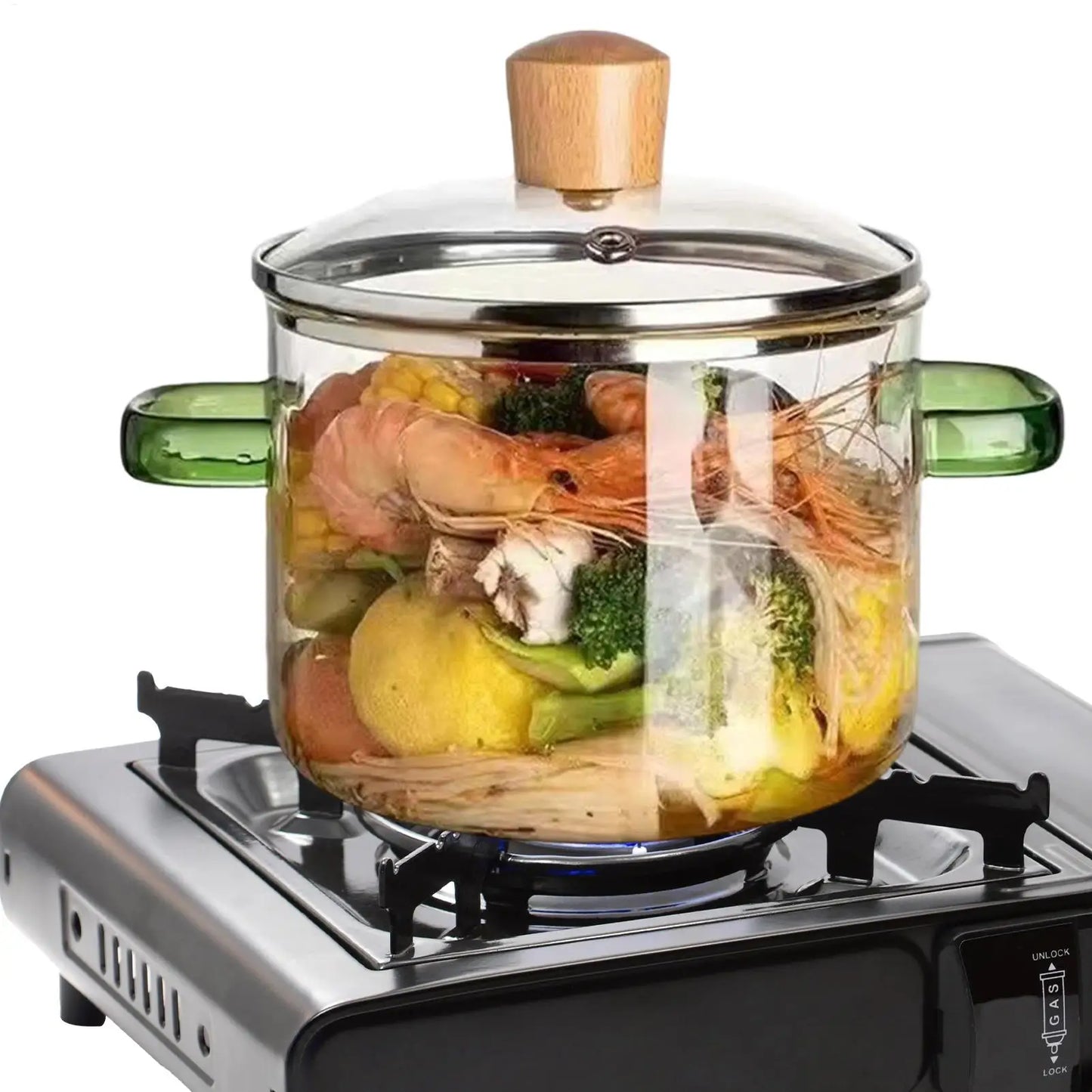 Olla de Vidrio de 1600 ml, Transparente, Resistente al Calor, Calentamiento Rápido, Olla de Vidrio para Cocinar, Olla para Estufa de Gas, Olla de Vidrio de Borosilicato Alto