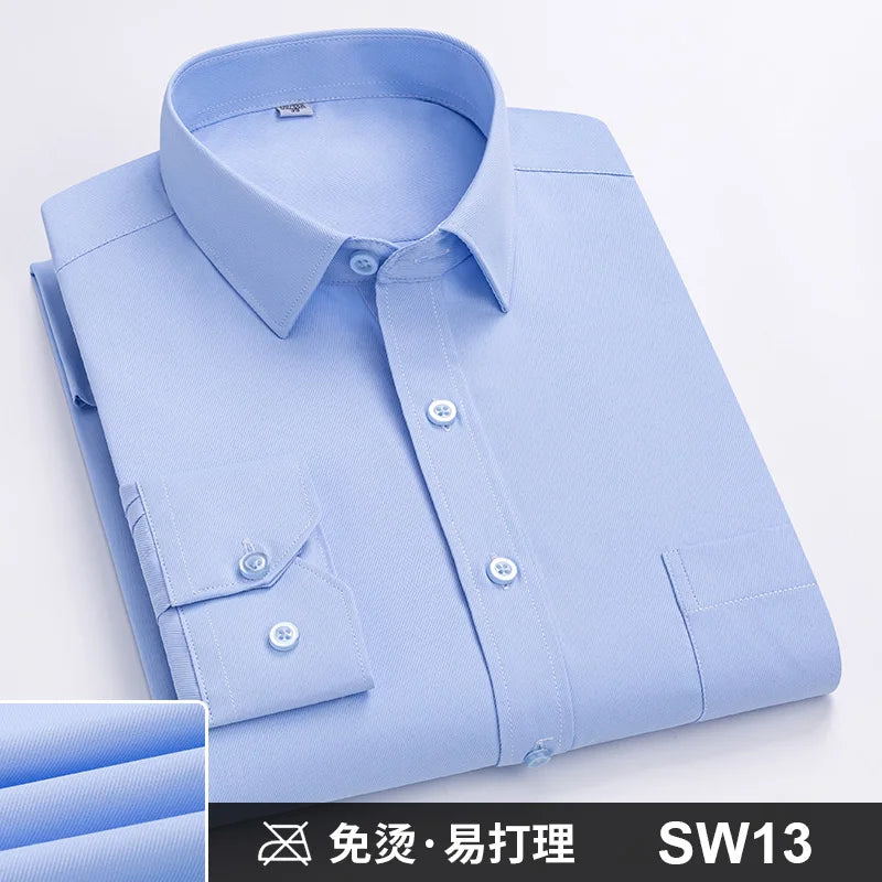 Camisa Formal de manga larga para hombre S ~ 8XL, camisas blancas de negocios de moda de gran tamaño a rayas de Color sólido, antiarrugas y sin planchar