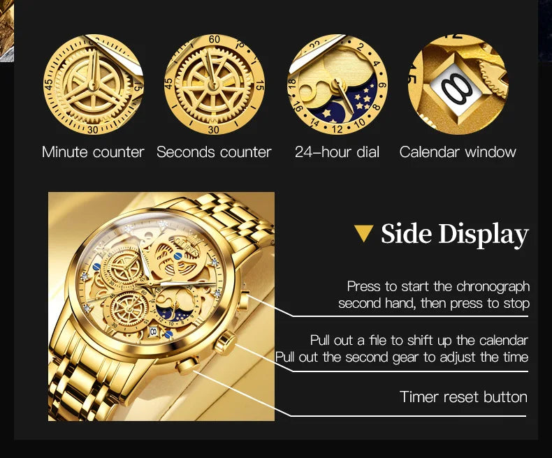 Relojes OLEVS para hombre, marca superior, reloj de cuarzo Original resistente al agua de lujo para hombre, estilo esqueleto dorado, 24 horas de día y noche, nuevo