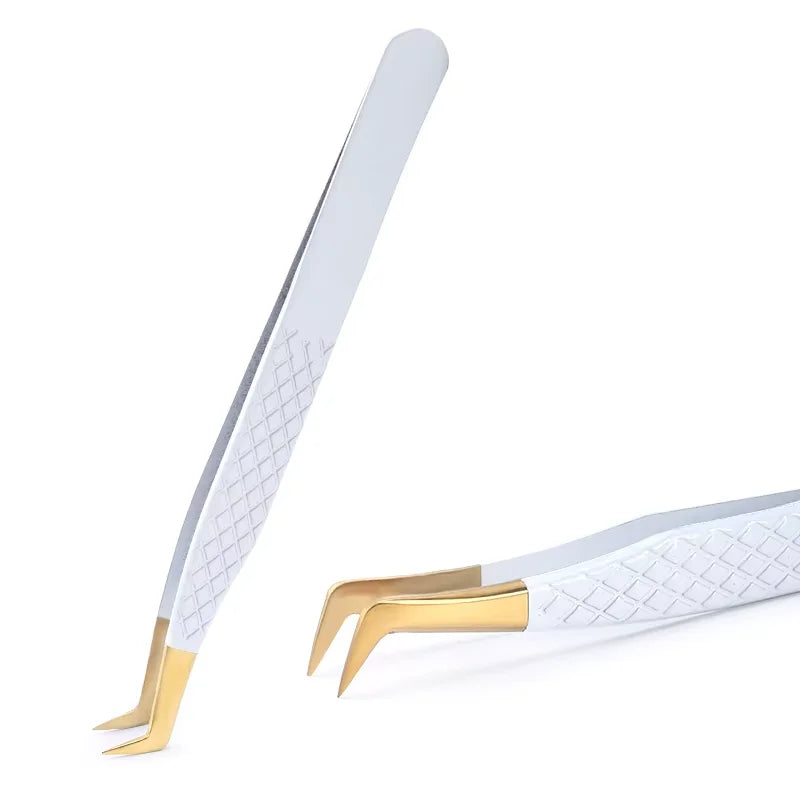 Pinzas de Precisión Antiestáticas de Acero Inoxidable Blanco-Dorado para Extensión de Pestañas, Juego de Herramientas de Maquillaje y Belleza para Cejas