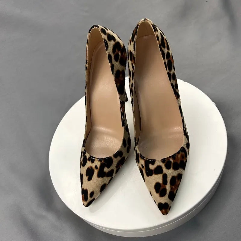 Tikicup-zapatos de tacón alto con punta puntiaguda para mujer, sin cordones tacones de aguja de diseñador, Sexy, leopardo, 8cm, 10cm, 12cm, talla grande 33-46