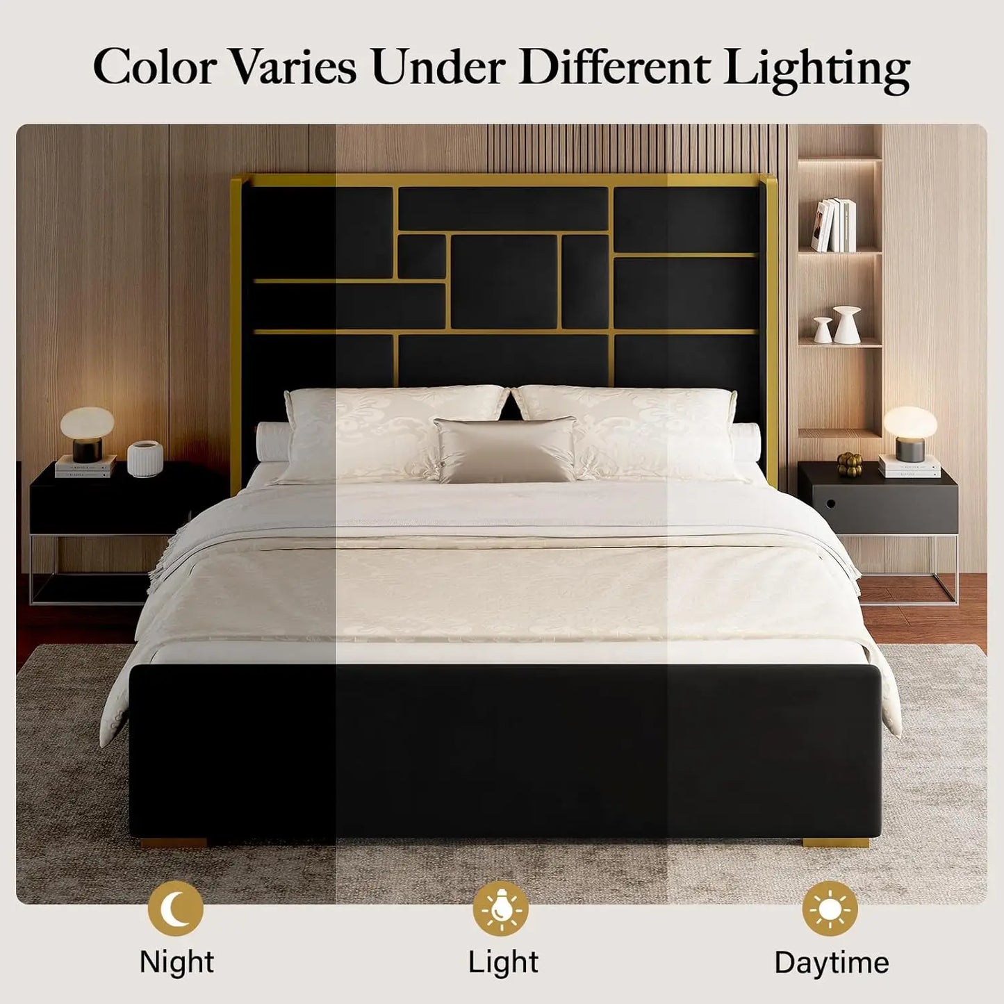Base de Cama con Cabecera de 55.12 Pulgadas de Alto, Cama de Plataforma Moderna y Lujosa Tapizada en Terciopelo con Detalles en Dorado, Cabecero Ancho, Personalizable