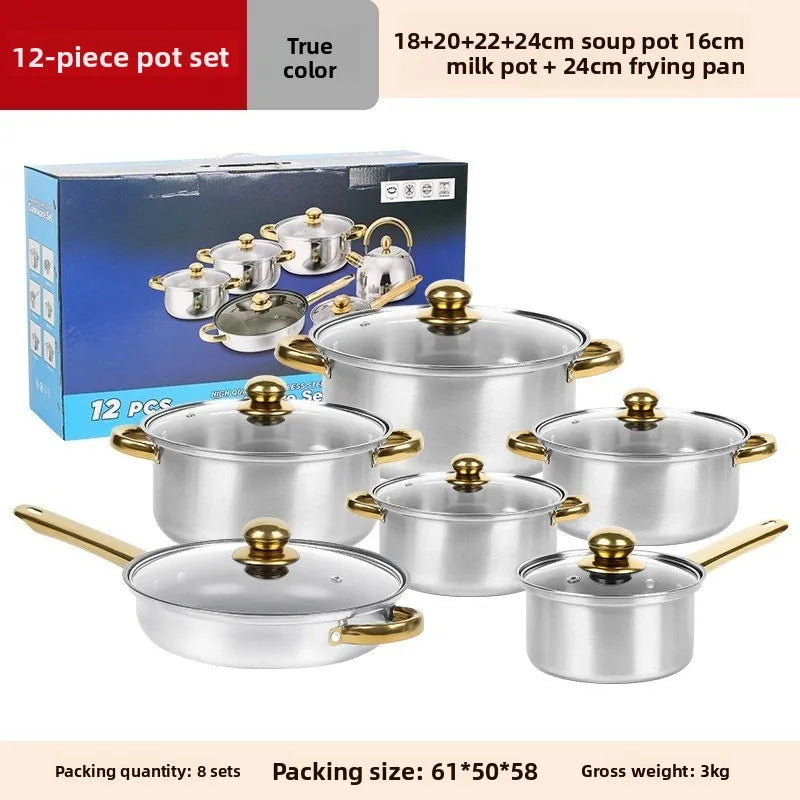 Juego de Ollas de Acero Inoxidable de 12 Piezas, Olla para Sopa, Sartén Antiadherente, Olla para Leche con Asa Dorada