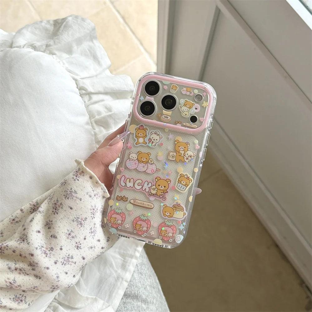 Funda de Teléfono con Diseño de Rilakkuma y Fresas para iPhone 17 Pro, 16 Pro Max, 15 Pro, con Cadena, Fundas Kawaii de Dibujos Animados, Antigolpes