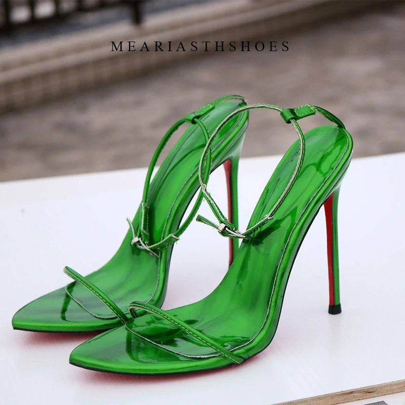 Sandalias de Tacón Alto con Punta Abierta y Correa en el Tobillo, de Cuero, con Hebilla, Diseño Sólido, Tacón Fino, para Mujer, con Lazos y Correa Trasera