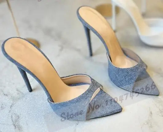 Cielo Azul Satén Tacón Alto Mules Rosa Borgoña Punta Puntiaguda Zapatillas Modernas Slip-On Vestido Elegante Sandalias Zapatos de Banquete Poco Profundos