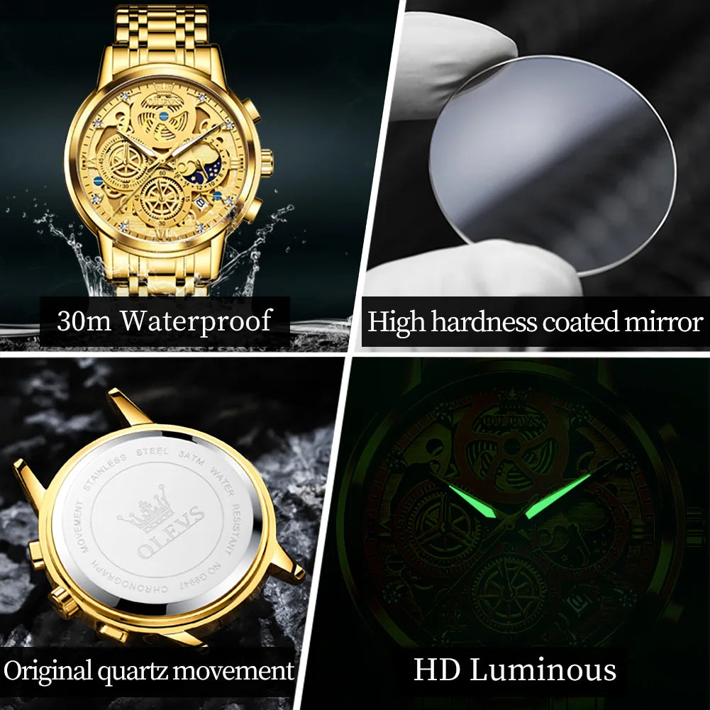Relojes OLEVS para hombre, marca superior, reloj de cuarzo Original resistente al agua de lujo para hombre, estilo esqueleto dorado, 24 horas de día y noche, nuevo