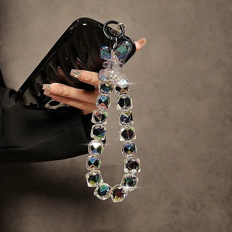 Cordón de lujo para teléfono, lazo acrílico brillante de cristal, dijes para teléfono, cadena corta para muñeca, se puede llevar a mano, colgante de cuentas de cadena