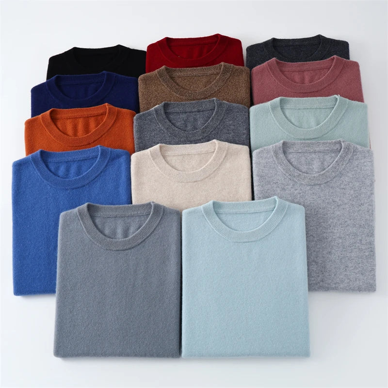 Otoño/Invierno, jersey de cachemira pura de 100% para hombre, suéter de punto liso informal de negocios, Tops sueltos de cuello redondo, jersey grueso y cálido