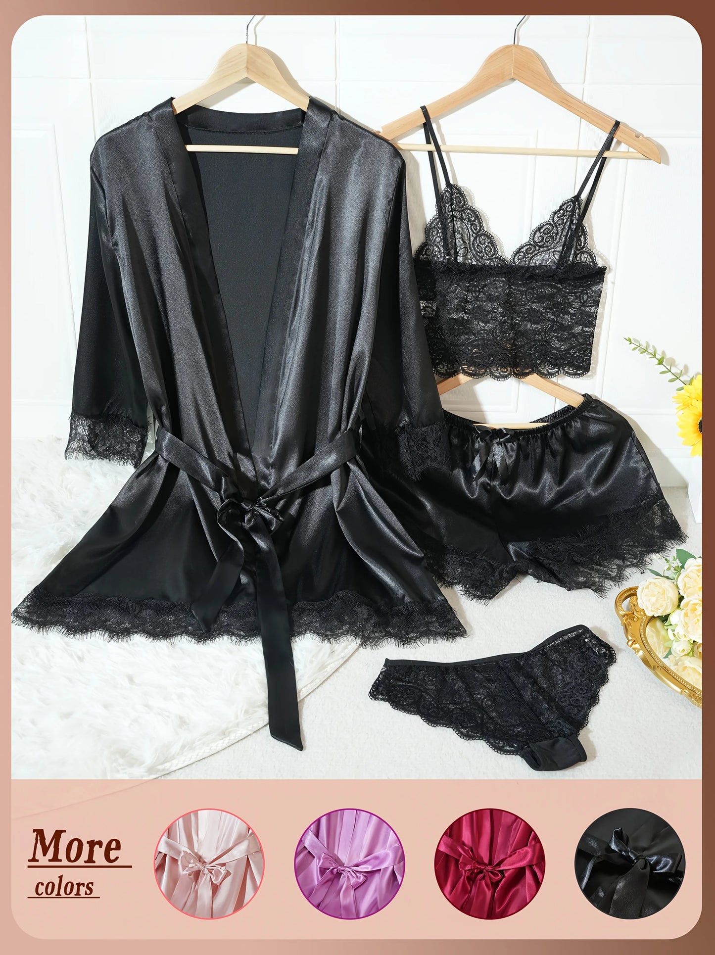 Conjunto de pijama de satén para mujer, bata de lencería de encaje, ropa de dormir Sexy de seda, camisón de satén suave, camisón, 4 Uds.