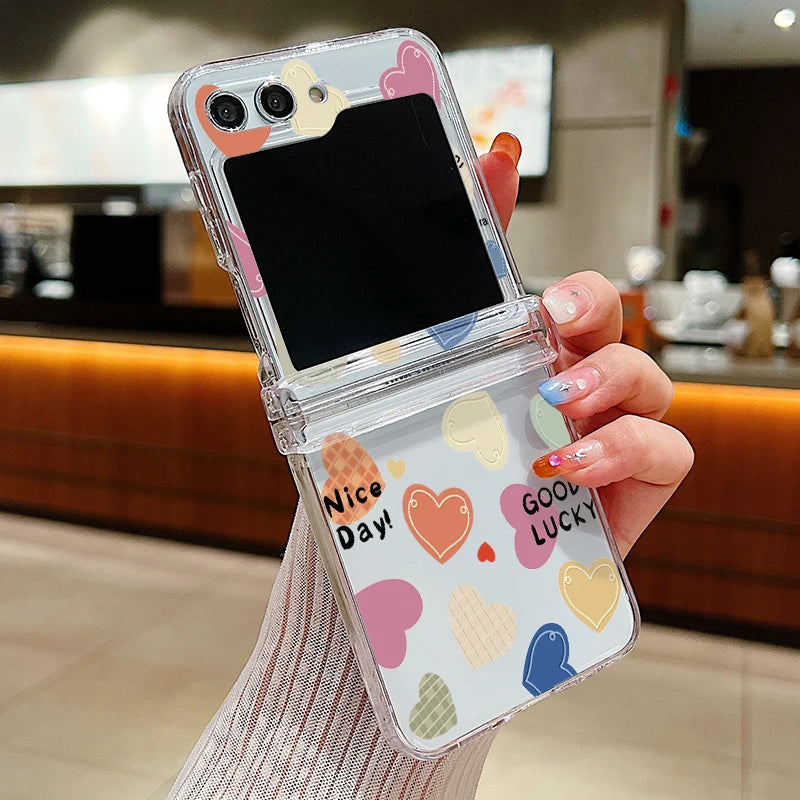Funda de teléfono transparente con diseño de flor de amor para Samsung Galaxy Z Flip7 FE Flip 7 6 5 4 3 5G Flip5 Flip6, funda dura para PC a prueba de golpes