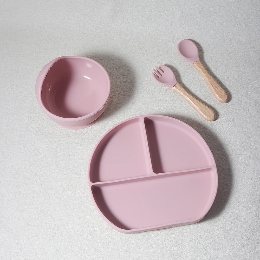 Juego de alimentación de bebé de 4 Uds., plato de succión y cuchara de silicona para bebé, juego de platos para niños, juego de vajilla de silicona para bebé