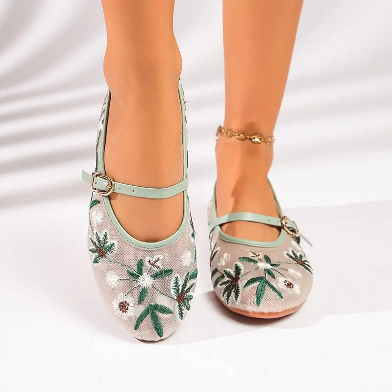 Zapatos Mary Jane de malla con bordado floral de primavera para mujer, zapatos con correa y hebilla concisa, zapatos de suela suave, zapatos planos de ballet transpirables para mujer
