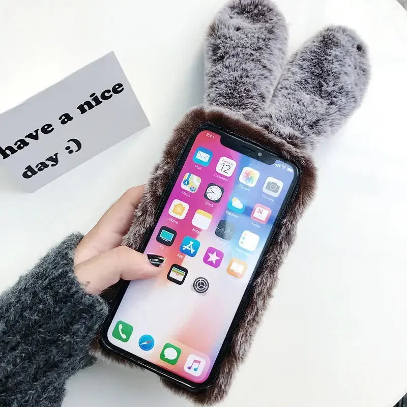 Funda de teléfono de piel de conejo de peluche 3D para iPhone 17 16 15 14 13 12 11 Pro Max funda de silicona suave