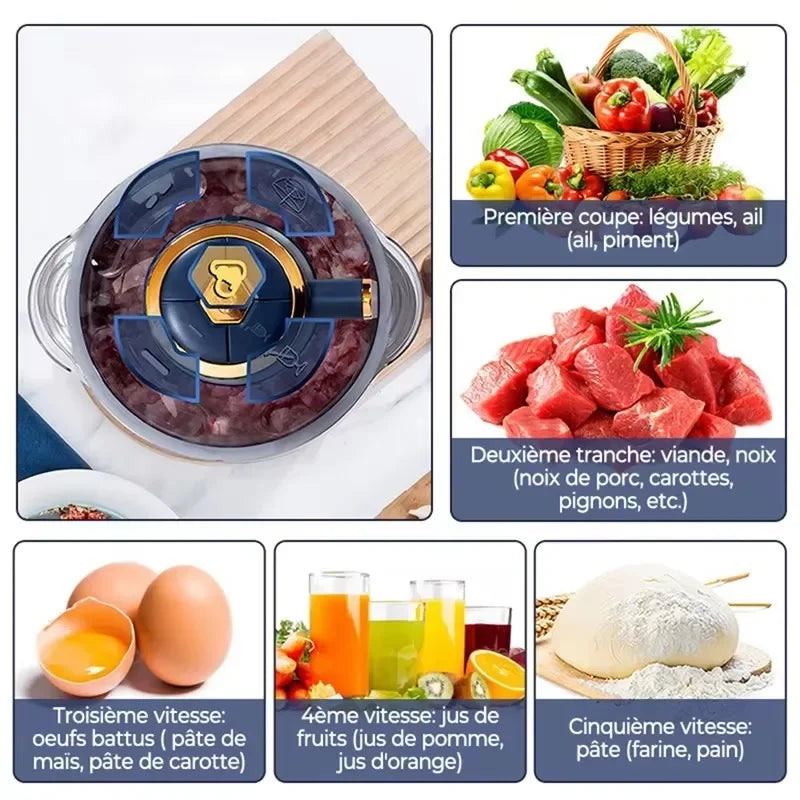 Picadora de Carne Eléctrica de Gran Capacidad de 5L, Trituradora de Alimentos, Picadora de Vegetales, Procesador Multifuncional de Cocina