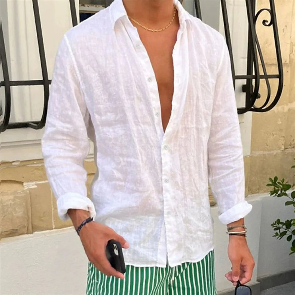 Camisa de lino y algodón para hombre, Tops informales de manga larga de Color sólido con solapa ajustada, estilo Simple, transpirables con botones, primavera y otoño