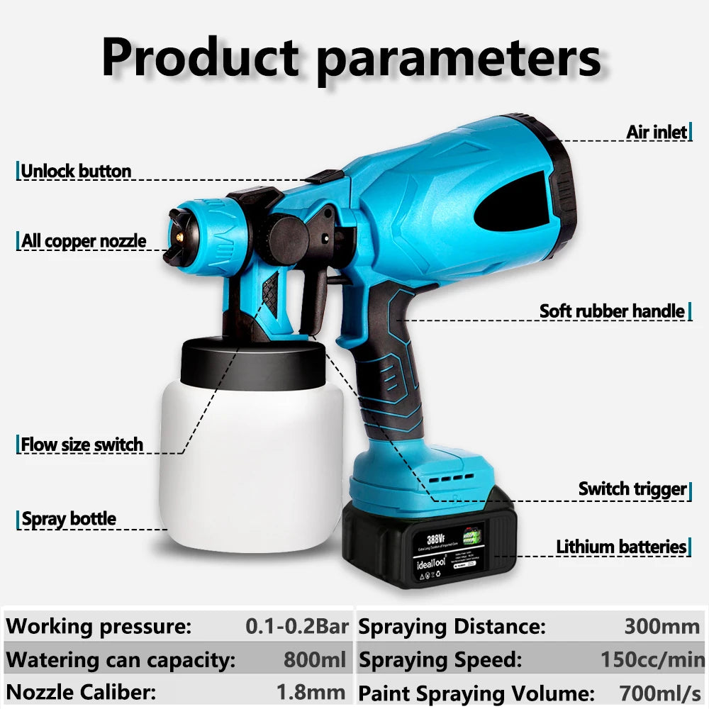 Pistola de pulverización eléctrica de 800ML, pulverizador de pintura inalámbrico, aerógrafo para revestimiento de acero y muebles, compatible con batería de 21V