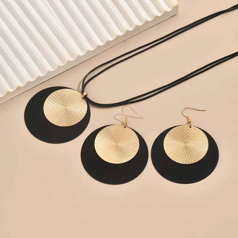 3 unid/set de pendientes redondos grandes, conjunto de Collar para mujer, cadenas de cuerda de PU exageradas, Collar con colgante geométrico de Metal, joyería